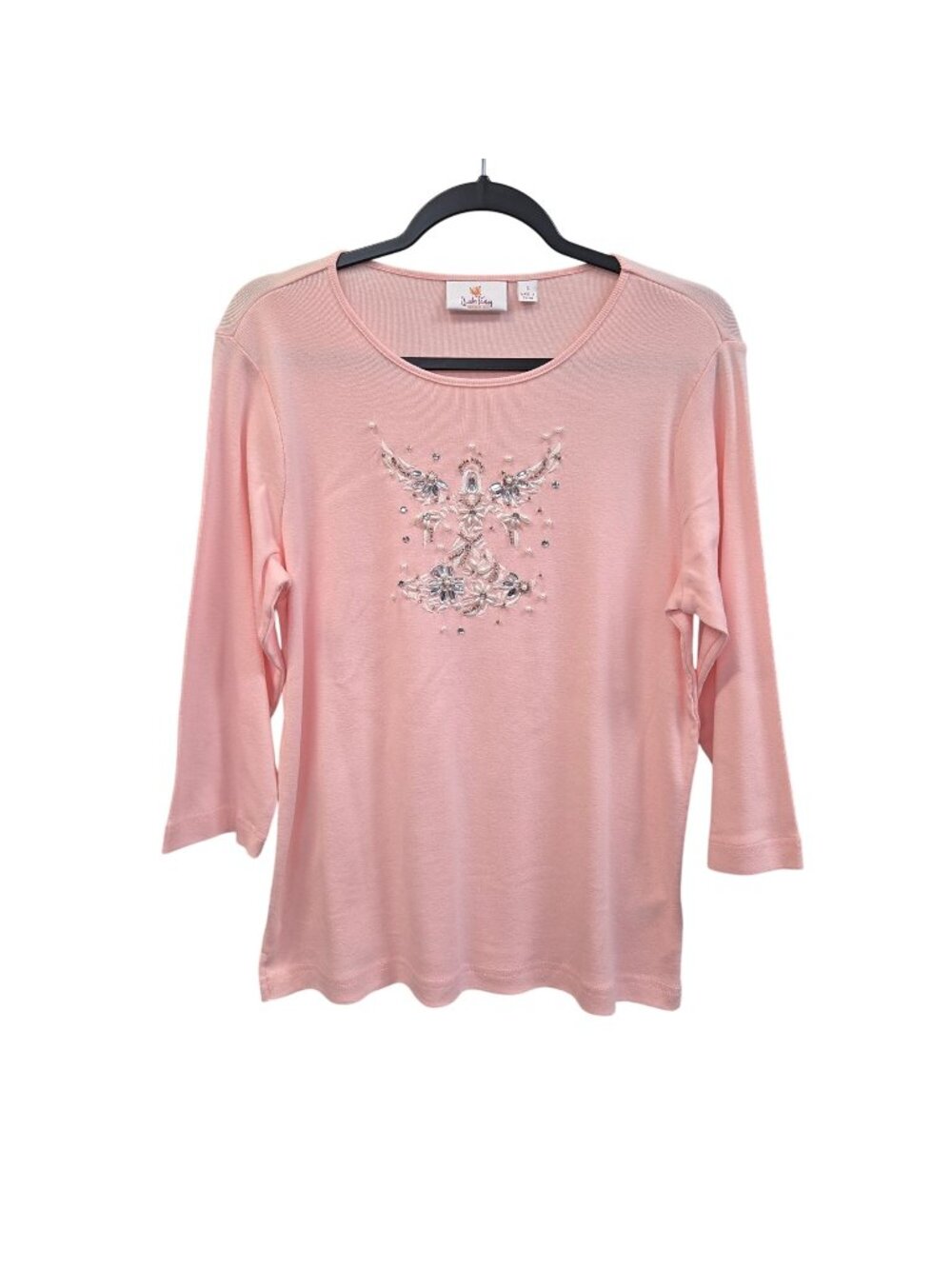 Quacker Factory Womens S Pink Angel Embellished 3/4 Sleeve Top 4581